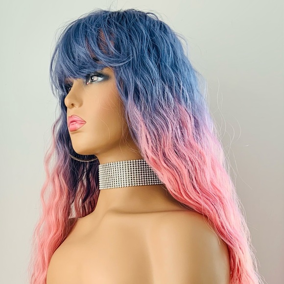 A Very Pretty Purple & Pink Long Wavy Synthetic Wig with Bangs - Picture 8 of 13